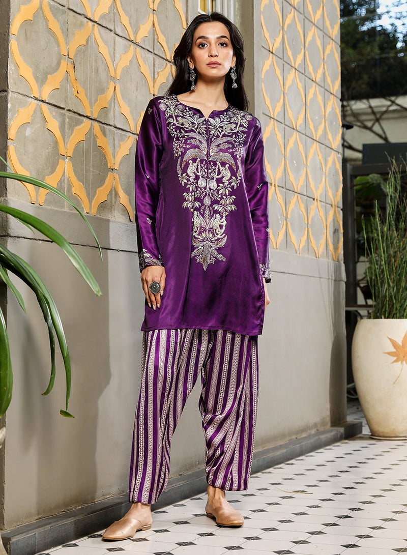 QISSA Women's Violet Ethnic Wilderness Kurti With Trousers & Dupatta For Casual Wear | Portrait Neck | Long Sleeve | 3 Piece Kurta Set Designed With Comfort Fit For Everyday Ethnic Wear - Image 2